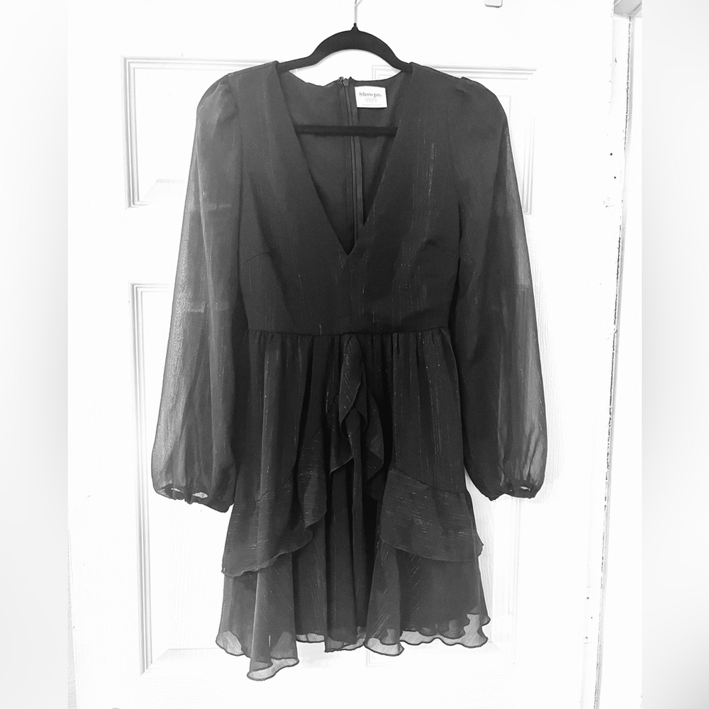 Showpo Black Long Sleeve Mini Dress With Shimmering Threads
